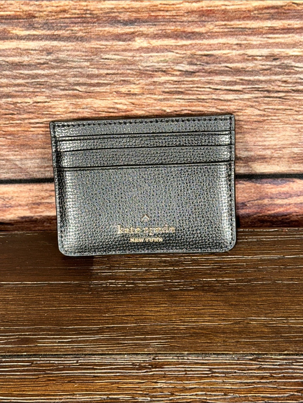 kate spade Black Textured Leather Card Case with Gold Logo